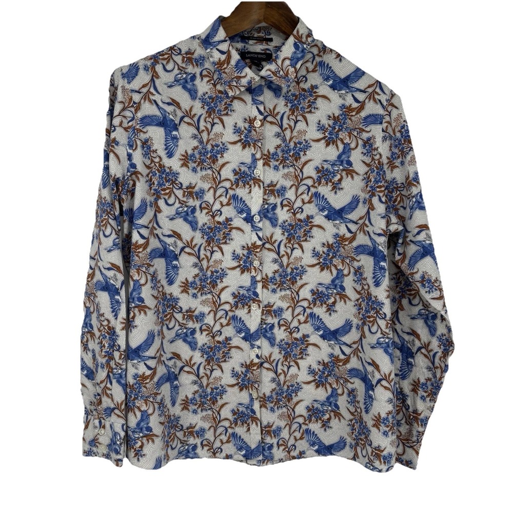 Lands End‎ Womens Button Up Top 16 Supima Floral Bird Print Colorful Preppy